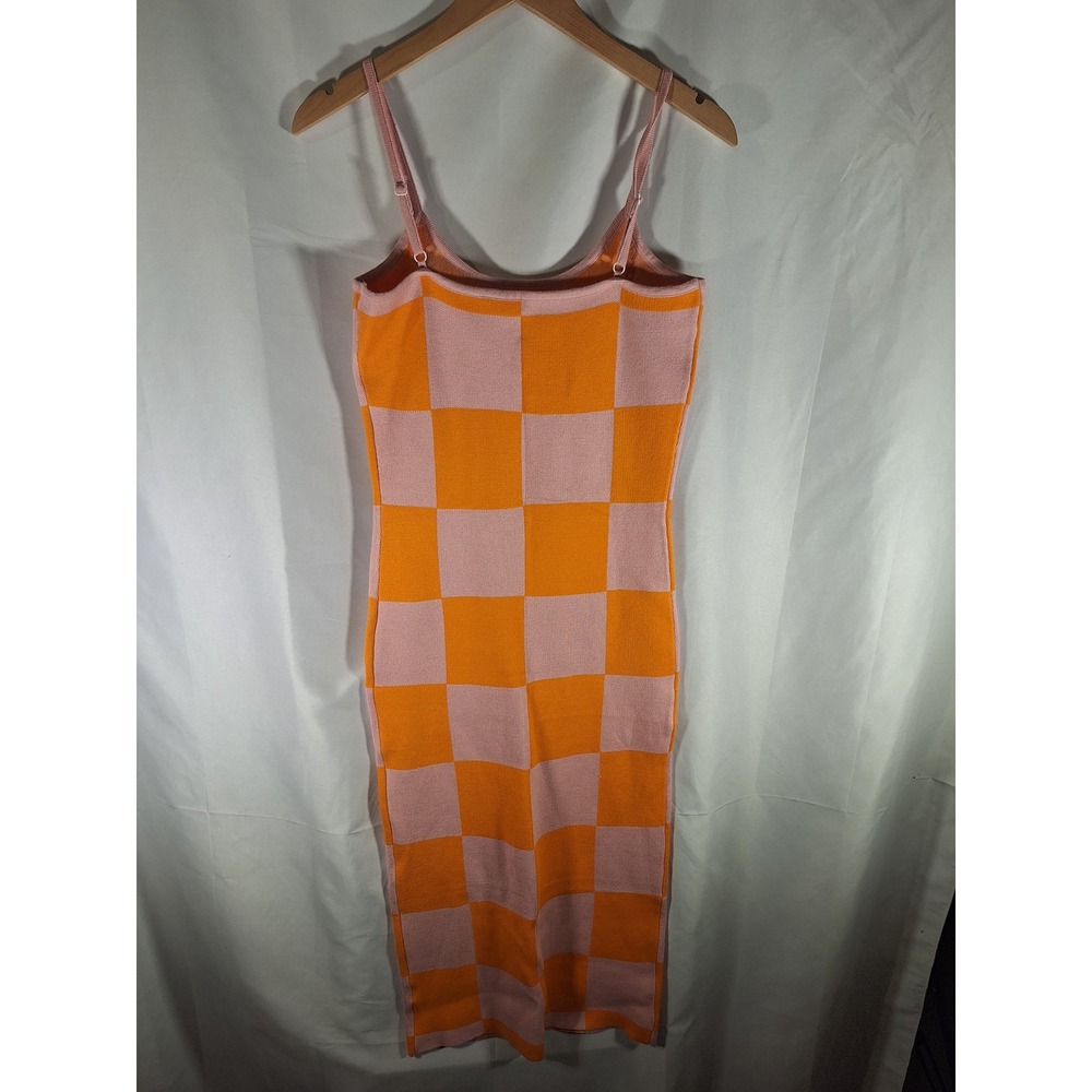 Orange Pink Checkered Knit Bodycon Midi Dress Womens Large Spaghetti Strap Retro - Picture 3 of 4